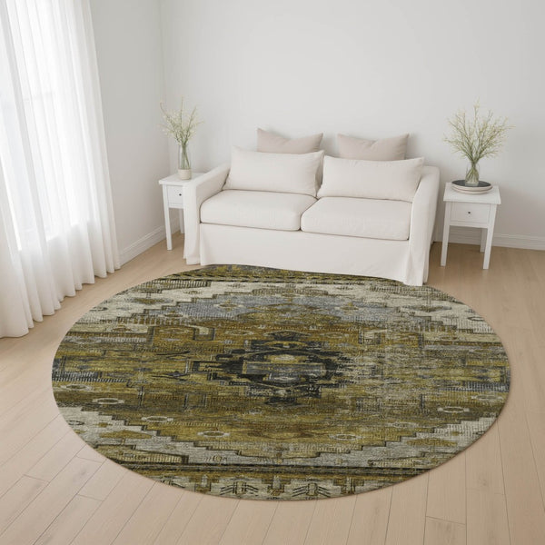 HomeRoots 8' Brown Ivory and Gray Oriental Round Rug – Durable, Washable, UV-Protected for High-Traffic Spaces 701024