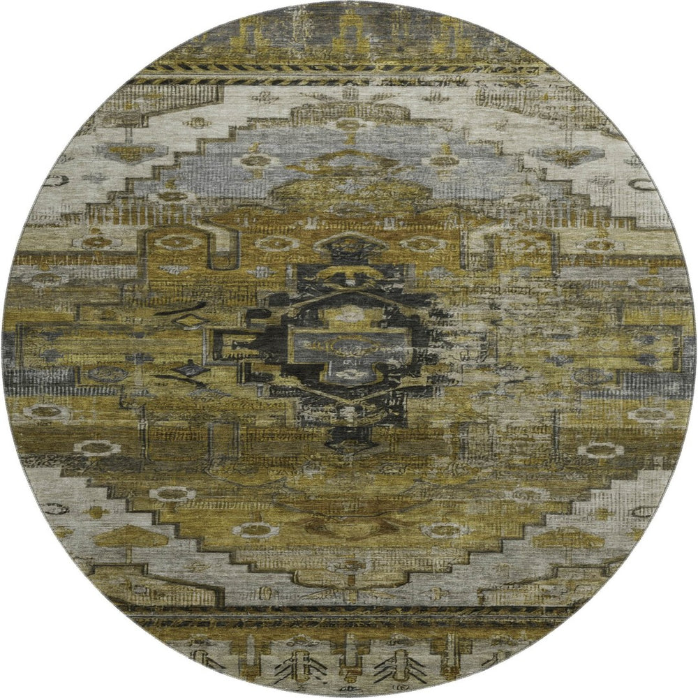 HomeRoots 8' Brown Ivory and Gray Oriental Round Rug – Durable, Washable, UV-Protected for High-Traffic Spaces 701024