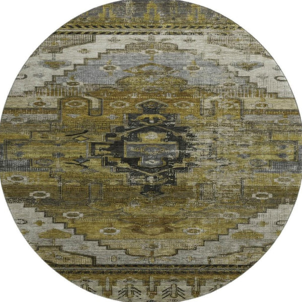 HomeRoots 8' Brown Ivory and Gray Oriental Round Rug – Durable, Washable, UV-Protected for High-Traffic Spaces 701024