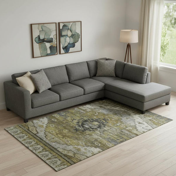 HomeRoots 9' X 12' Washable Brown Ivory and Gray Oriental Area Rug with UV Protection - Durable & Stylish 701026