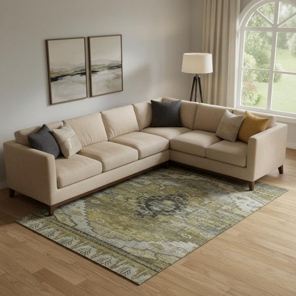 HomeRoots 10' X 14' Elegant Brown Ivory Gray Oriental Washable Area Rug with UV Protection for Homes 701027