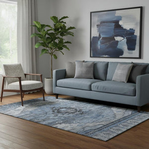 HomeRoots 5' X 8' Blue Gray Charcoal Oriental Washable Area Rug - Durable, Stylish, UV Protected & Easy Care 701029