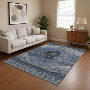 HomeRoots 5' X 8' Blue Gray Charcoal Oriental Washable Area Rug - Durable, Stylish, UV Protected & Easy Care 701029