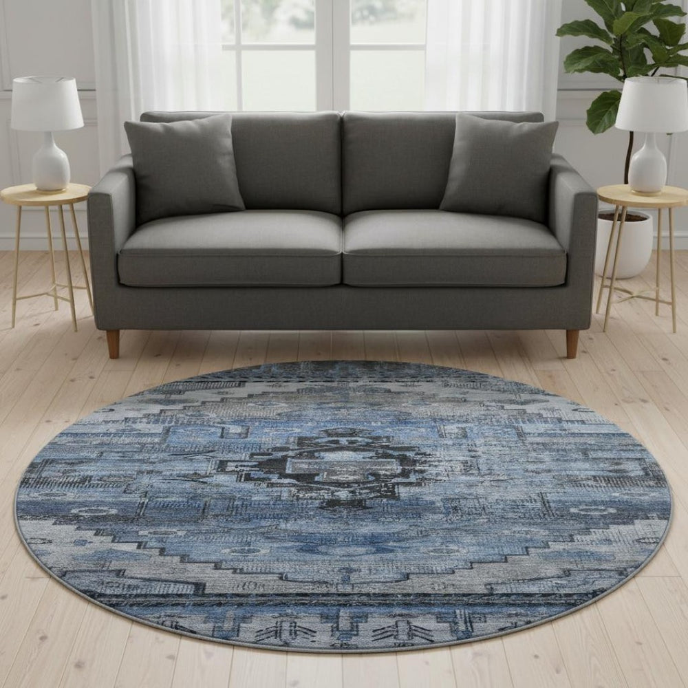 HomeRoots 8' Blue Gray & Charcoal Oriental Washable Round Rug - Stain Resistant, UV Protected & Family Friendly! 701030
