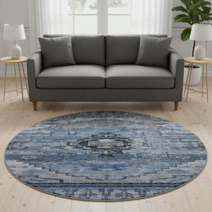 HomeRoots 8' Blue Gray & Charcoal Oriental Washable Round Rug - Stain Resistant, UV Protected & Family Friendly! 701030