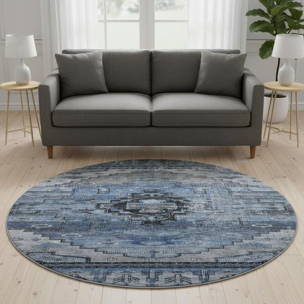 HomeRoots 8' Blue Gray & Charcoal Oriental Washable Round Rug - Stain Resistant, UV Protected & Family Friendly! 701030