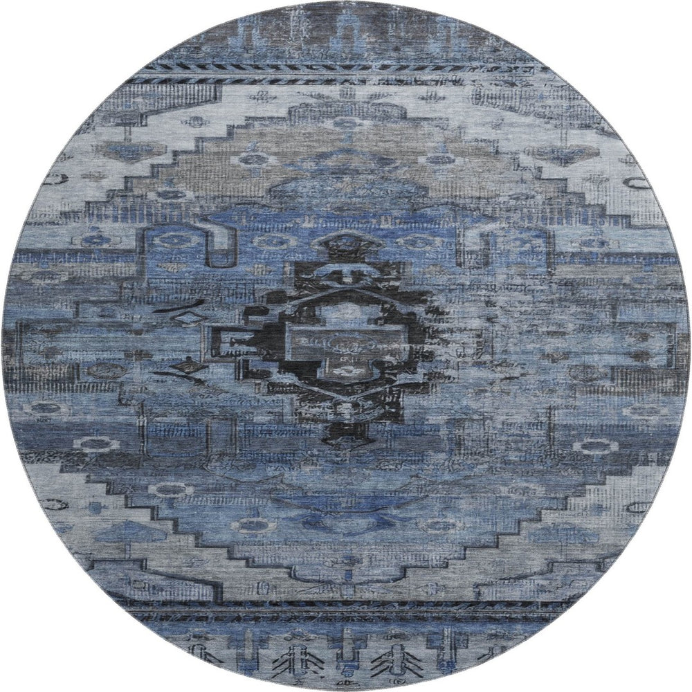 HomeRoots 8' Blue Gray & Charcoal Oriental Washable Round Rug - Stain Resistant, UV Protected & Family Friendly! 701030