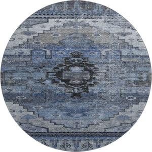 HomeRoots 8' Blue Gray & Charcoal Oriental Washable Round Rug - Stain Resistant, UV Protected & Family Friendly! 701030