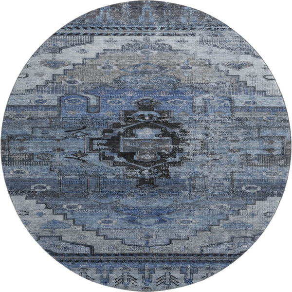 HomeRoots 8' Blue Gray & Charcoal Oriental Washable Round Rug - Stain Resistant, UV Protected & Family Friendly! 701030