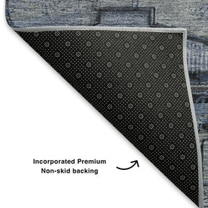 HomeRoots 8' Blue Gray & Charcoal Oriental Washable Round Rug - Stain Resistant, UV Protected & Family Friendly! 701030