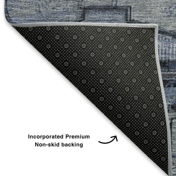 HomeRoots 8' Blue Gray & Charcoal Oriental Washable Round Rug - Stain Resistant, UV Protected & Family Friendly! 701030