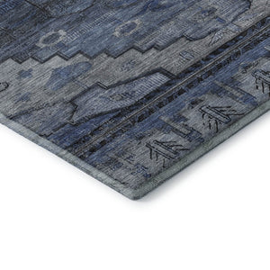 HomeRoots 8' Blue Gray & Charcoal Oriental Washable Round Rug - Stain Resistant, UV Protected & Family Friendly! 701030