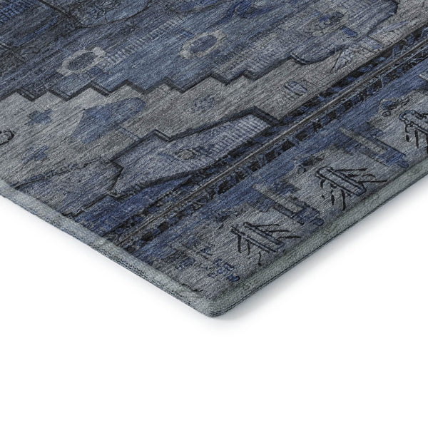 HomeRoots 8' Blue Gray & Charcoal Oriental Washable Round Rug - Stain Resistant, UV Protected & Family Friendly! 701030