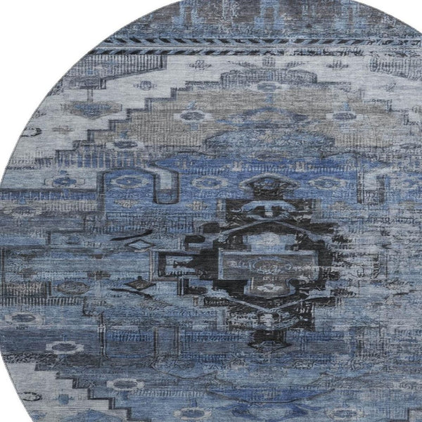 HomeRoots 8' Blue Gray & Charcoal Oriental Washable Round Rug - Stain Resistant, UV Protected & Family Friendly! 701030