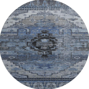 HomeRoots 8' Blue Gray & Charcoal Oriental Washable Round Rug - Stain Resistant, UV Protected & Family Friendly! 701030