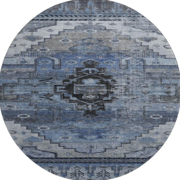 HomeRoots 8' Blue Gray & Charcoal Oriental Washable Round Rug - Stain Resistant, UV Protected & Family Friendly! 701030