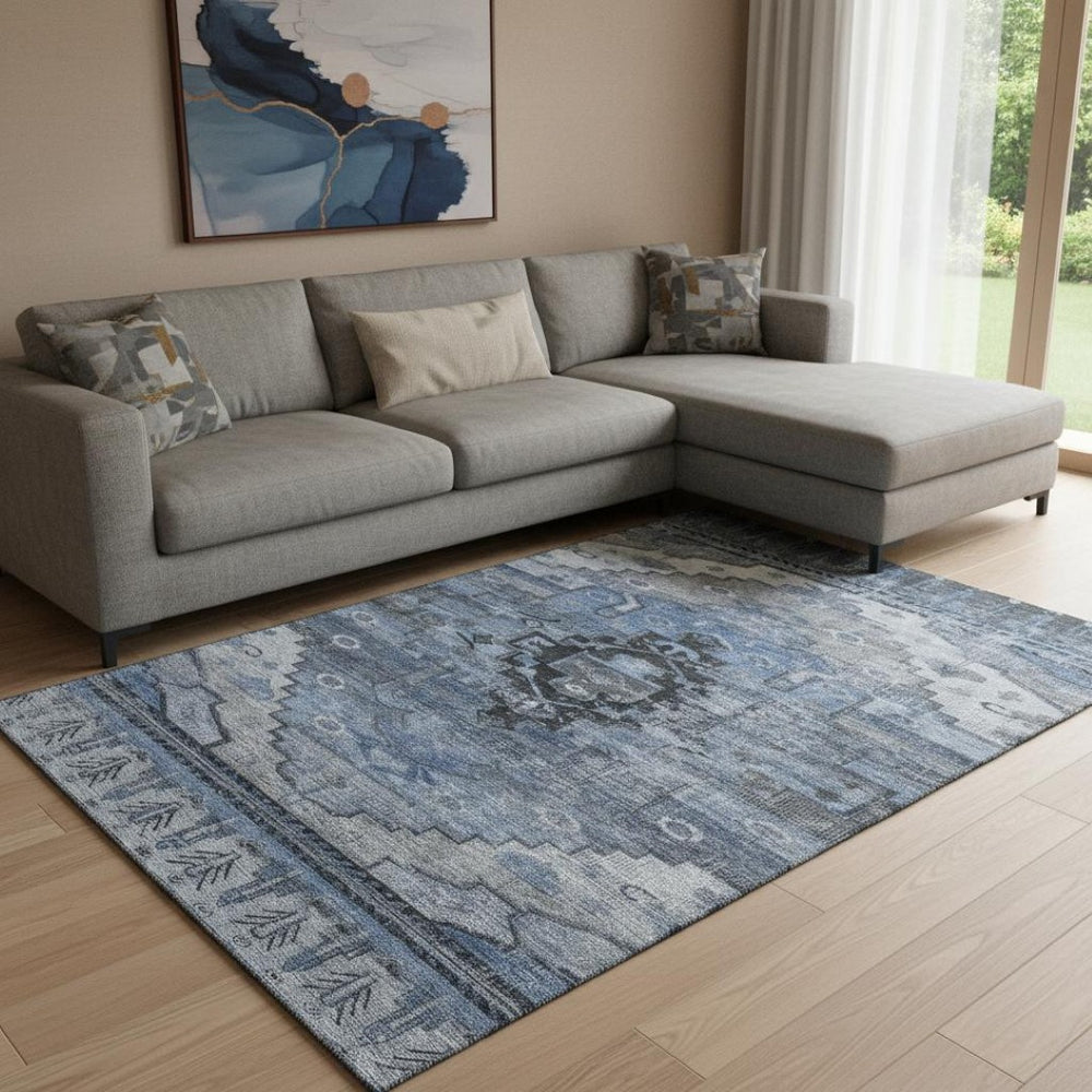 HomeRoots 8' X 10' Stylish Washable Blue Gray Charcoal Area Rug with UV Protection for Busy Homes & Pets 701031