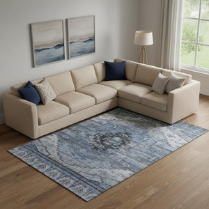 HomeRoots 9' X 12' Blue-Gray Charcoal Oriental Area Rug - Washable, UV-Protected, Stylish for High-Traffic Homes 701032