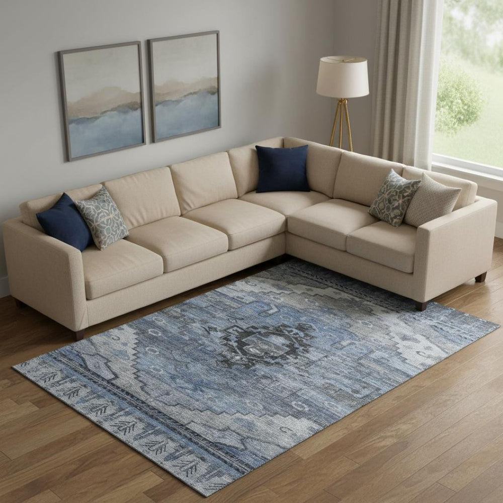 HomeRoots 10' Blue Gray and Charcoal Oriental Washable Area Rug - UV Protected, Stain Resistant, Non-Slip Backing 701033