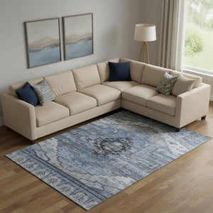HomeRoots 10' Blue Gray and Charcoal Oriental Washable Area Rug - UV Protected, Stain Resistant, Non-Slip Backing 701033