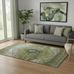 HomeRoots 5' X 8' Olive Green Gray Ivory Oriental Rug - Washable, UV-Protected & Perfect for Busy Homes! 701035