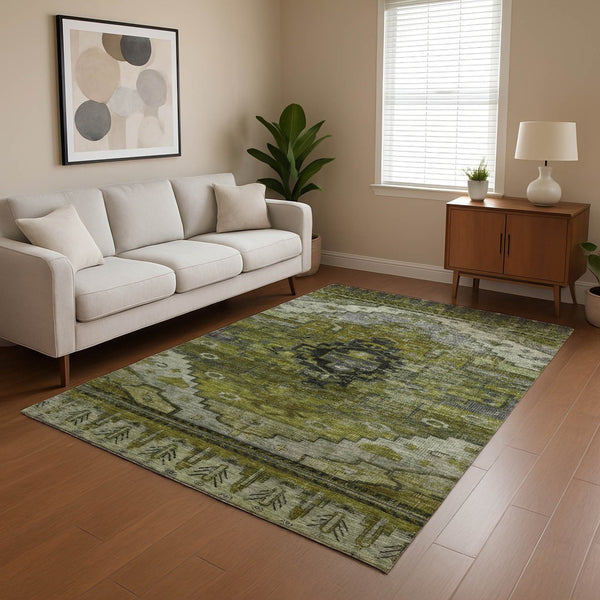 HomeRoots 5' X 8' Olive Green Gray Ivory Oriental Rug - Washable, UV-Protected & Perfect for Busy Homes! 701035