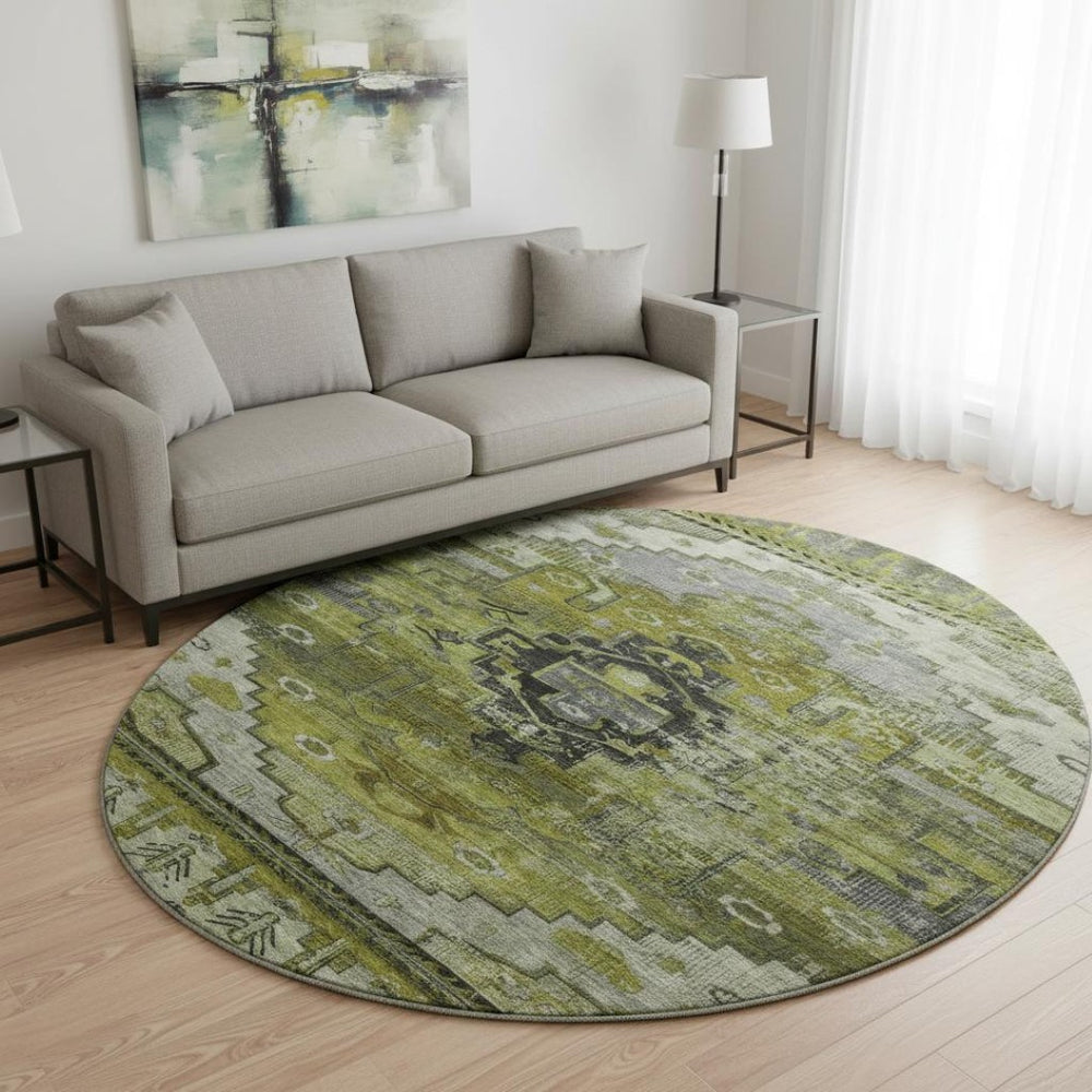 HomeRoots 8' Olive Green Gray Ivory Oriental Washable Round Rug with UV Protection for Modern Homes & Kids 701036
