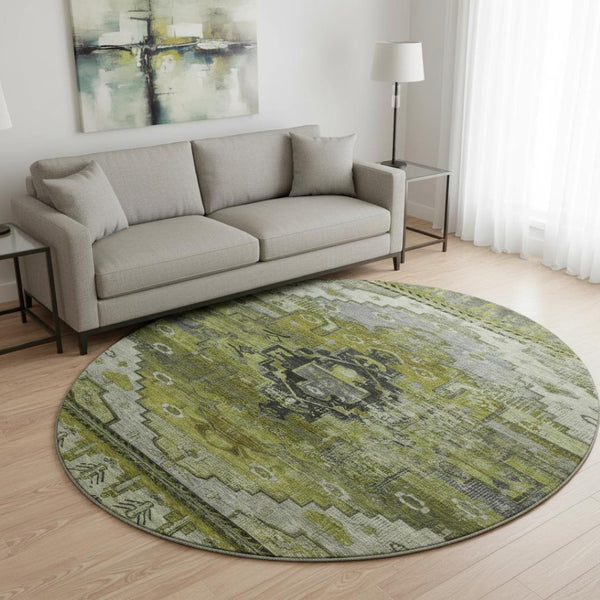 HomeRoots 8' Olive Green Gray Ivory Oriental Washable Round Rug with UV Protection for Modern Homes & Kids 701036