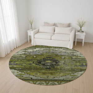 HomeRoots 8' Olive Green Gray Ivory Oriental Washable Round Rug with UV Protection for Modern Homes & Kids 701036