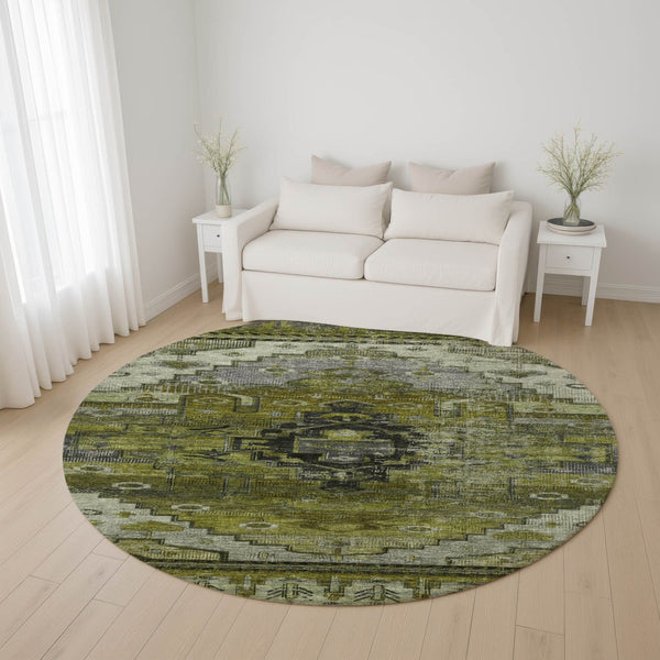 HomeRoots 8' Olive Green Gray Ivory Oriental Washable Round Rug with UV Protection for Modern Homes & Kids 701036