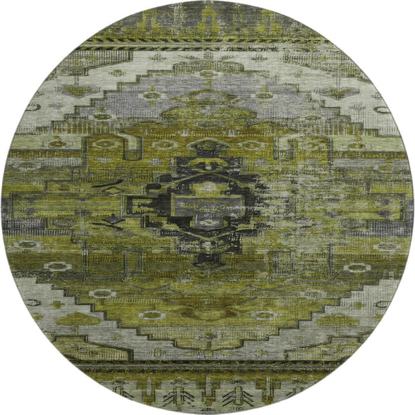 HomeRoots 8' Olive Green Gray Ivory Oriental Washable Round Rug with UV Protection for Modern Homes & Kids 701036
