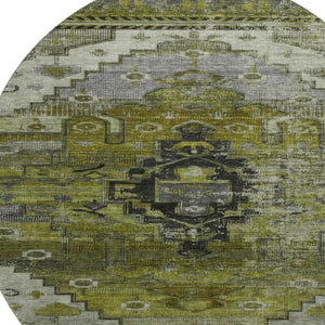 HomeRoots 8' Olive Green Gray Ivory Oriental Washable Round Rug with UV Protection for Modern Homes & Kids 701036