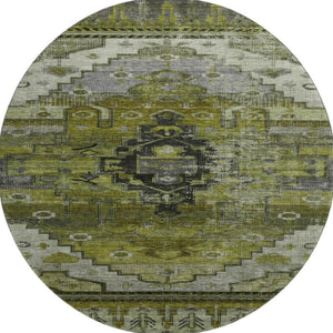 HomeRoots 8' Olive Green Gray Ivory Oriental Washable Round Rug with UV Protection for Modern Homes & Kids 701036
