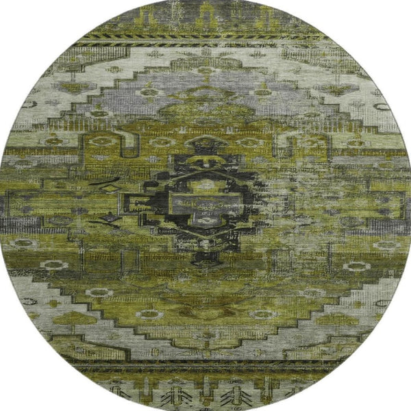 HomeRoots 8' Olive Green Gray Ivory Oriental Washable Round Rug with UV Protection for Modern Homes & Kids 701036
