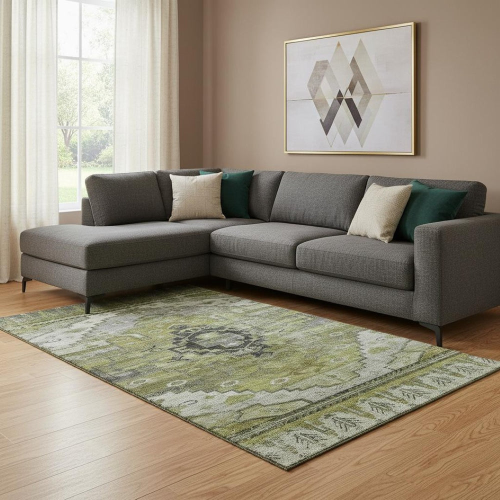 HomeRoots 8' X 10' Olive Green Gray Ivory Washable Oriental Area Rug with UV Protection & Stain Resistance 701037