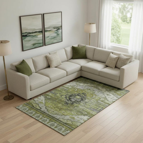 HomeRoots 9' Olive Green, Gray & Ivory Oriental Area Rug - Washable, UV Protected, Durable & Stain Resistant! 701038