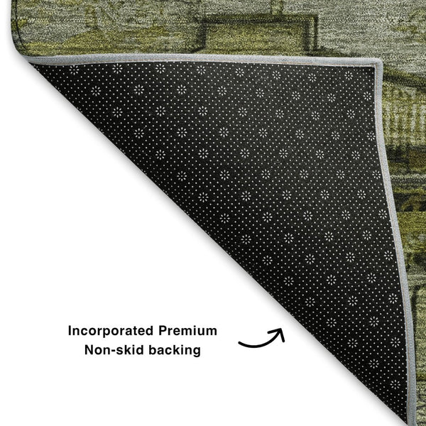 HomeRoots 9' Olive Green, Gray & Ivory Oriental Area Rug - Washable, UV Protected, Durable & Stain Resistant! 701038
