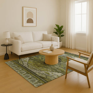 HomeRoots 9' Olive Green, Gray & Ivory Oriental Area Rug - Washable, UV Protected, Durable & Stain Resistant! 701038