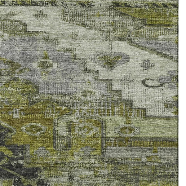 HomeRoots 9' Olive Green, Gray & Ivory Oriental Area Rug - Washable, UV Protected, Durable & Stain Resistant! 701038