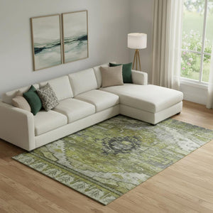 HomeRoots 10' X 14' Washable Olive Green, Gray & Ivory Oriental Area Rug with UV Protection for Busy Homes 701039