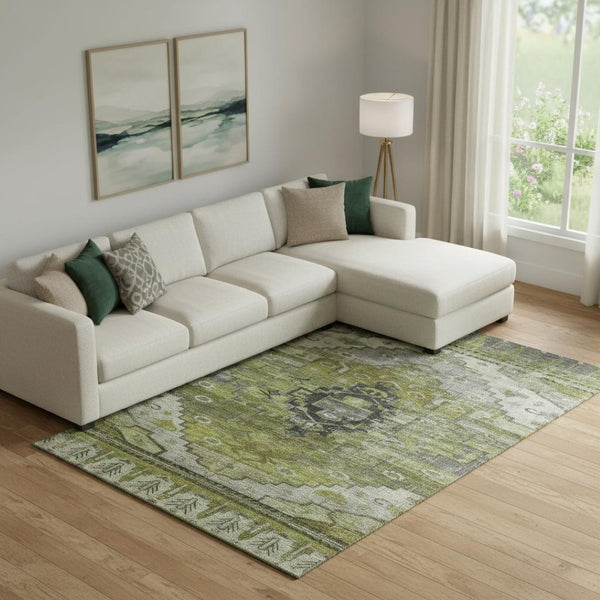 HomeRoots 10' X 14' Washable Olive Green, Gray & Ivory Oriental Area Rug with UV Protection for Busy Homes 701039