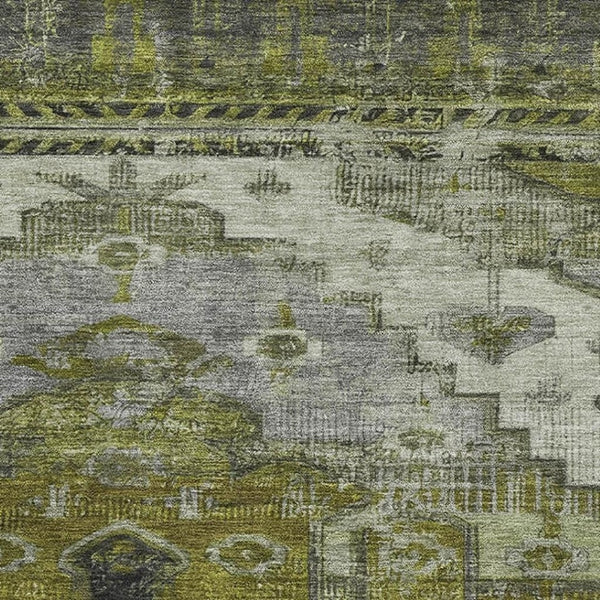 HomeRoots 10' X 14' Washable Olive Green, Gray & Ivory Oriental Area Rug with UV Protection for Busy Homes 701039
