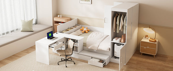 English Elm Full Size Wooden Platform Bed With Integrated Desk, 6 Drawers, Wardrobe & Modern Shelves, White Finish N820S00060K