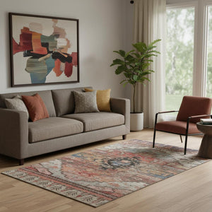 HomeRoots 5' X 8' Stylish Rust Gray Beige Oriental Area Rug - Washable, UV Protected & Non-Slip Backing 701041