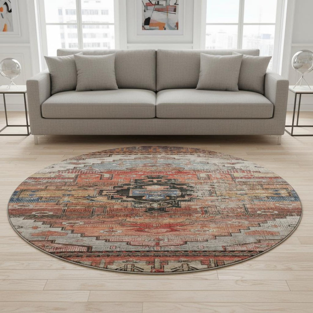HomeRoots 8' Elegant Rust Gray and Beige Oriental Washable Round Rug with UV Protection for All Spaces 701042
