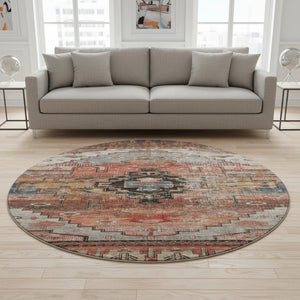 HomeRoots 8' Elegant Rust Gray and Beige Oriental Washable Round Rug with UV Protection for All Spaces 701042