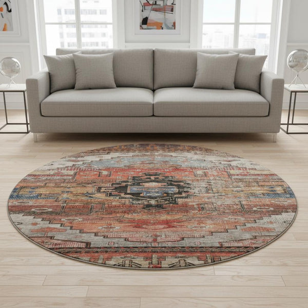 HomeRoots 8' Elegant Rust Gray and Beige Oriental Washable Round Rug with UV Protection for All Spaces 701042