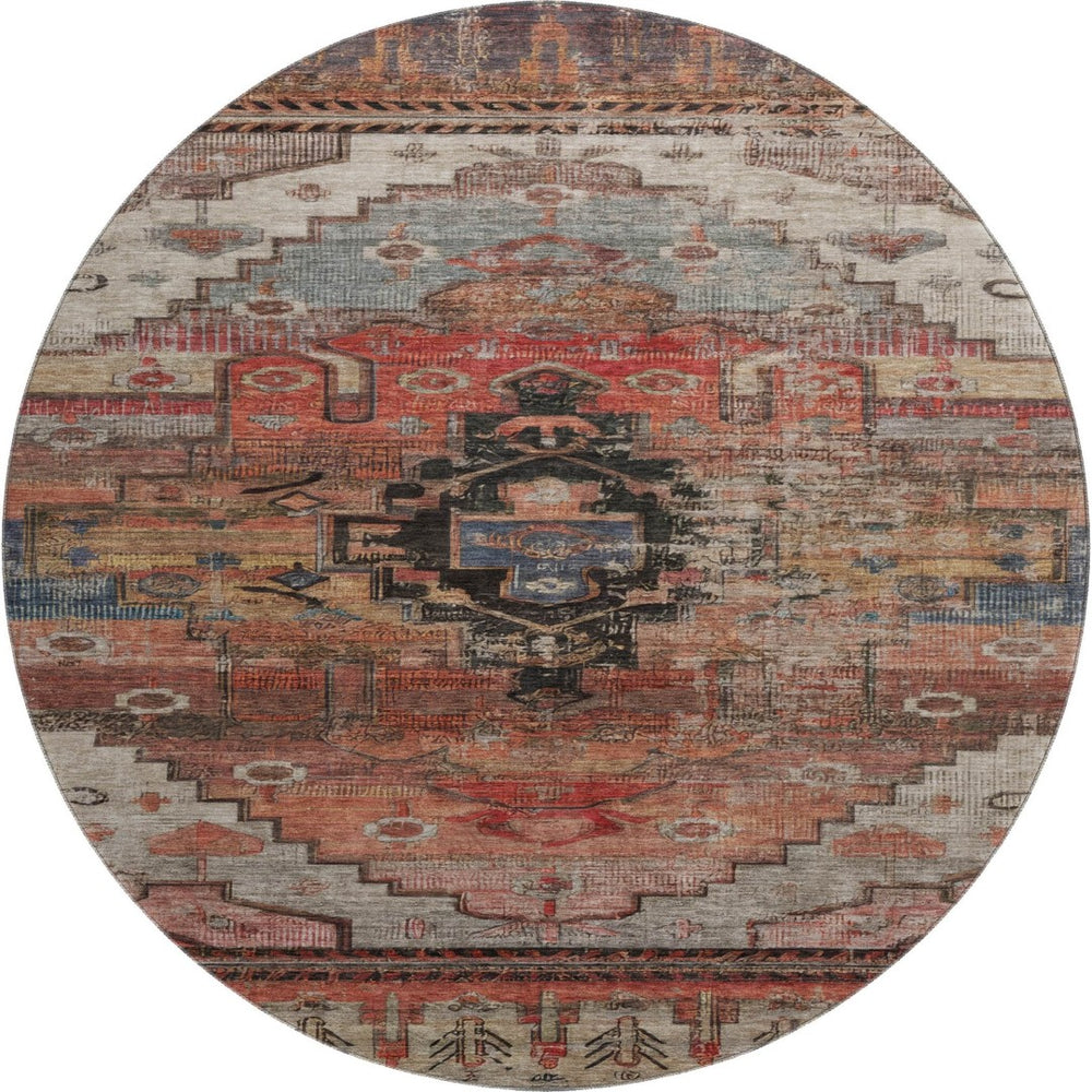 HomeRoots 8' Elegant Rust Gray and Beige Oriental Washable Round Rug with UV Protection for All Spaces 701042