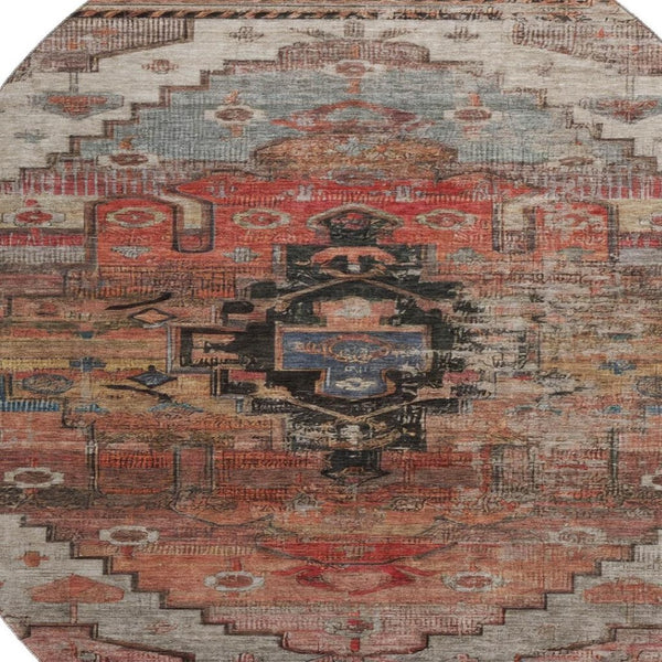 HomeRoots 8' Elegant Rust Gray and Beige Oriental Washable Round Rug with UV Protection for All Spaces 701042