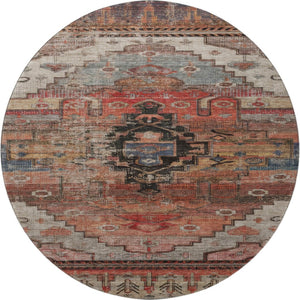 HomeRoots 8' Elegant Rust Gray and Beige Oriental Washable Round Rug with UV Protection for All Spaces 701042